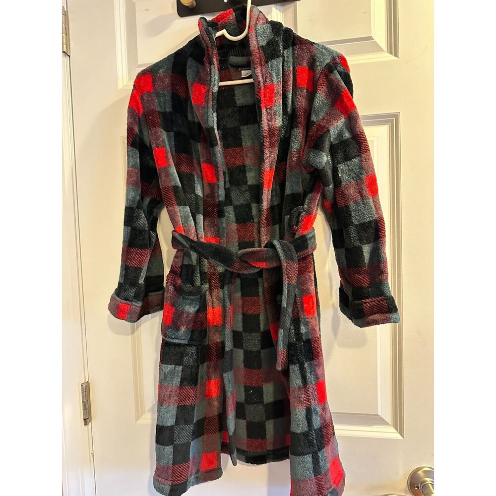 Boys Sleeping Robe Size 12 Plaid Red Black Gray Belted Soft Cozy Fleece